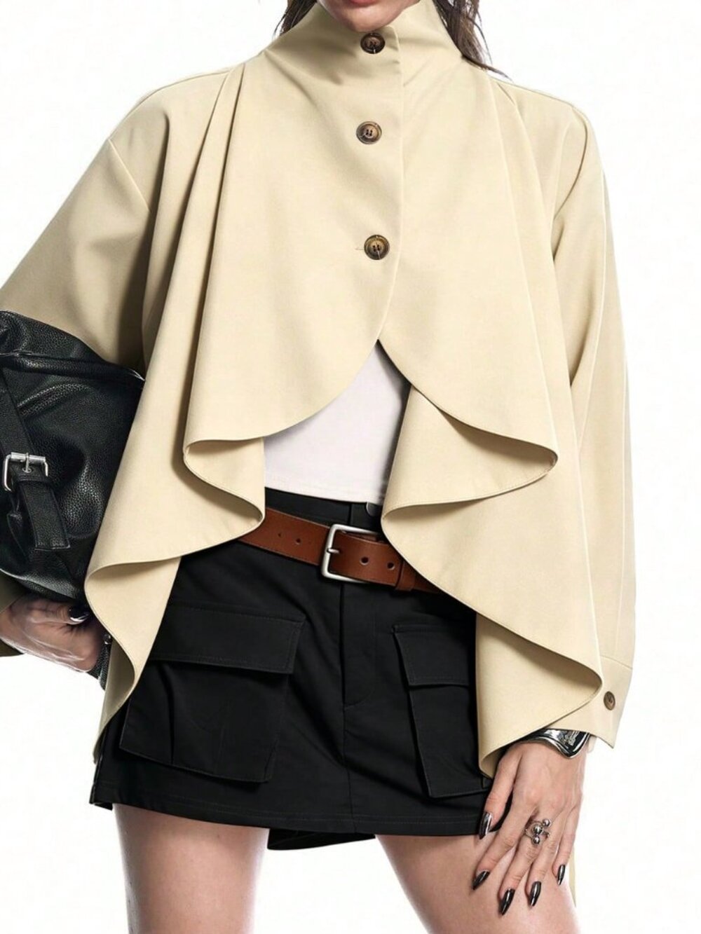 Khaki Elegant Women's Stand Collar Asymmetrical Oversized Cape Jacket